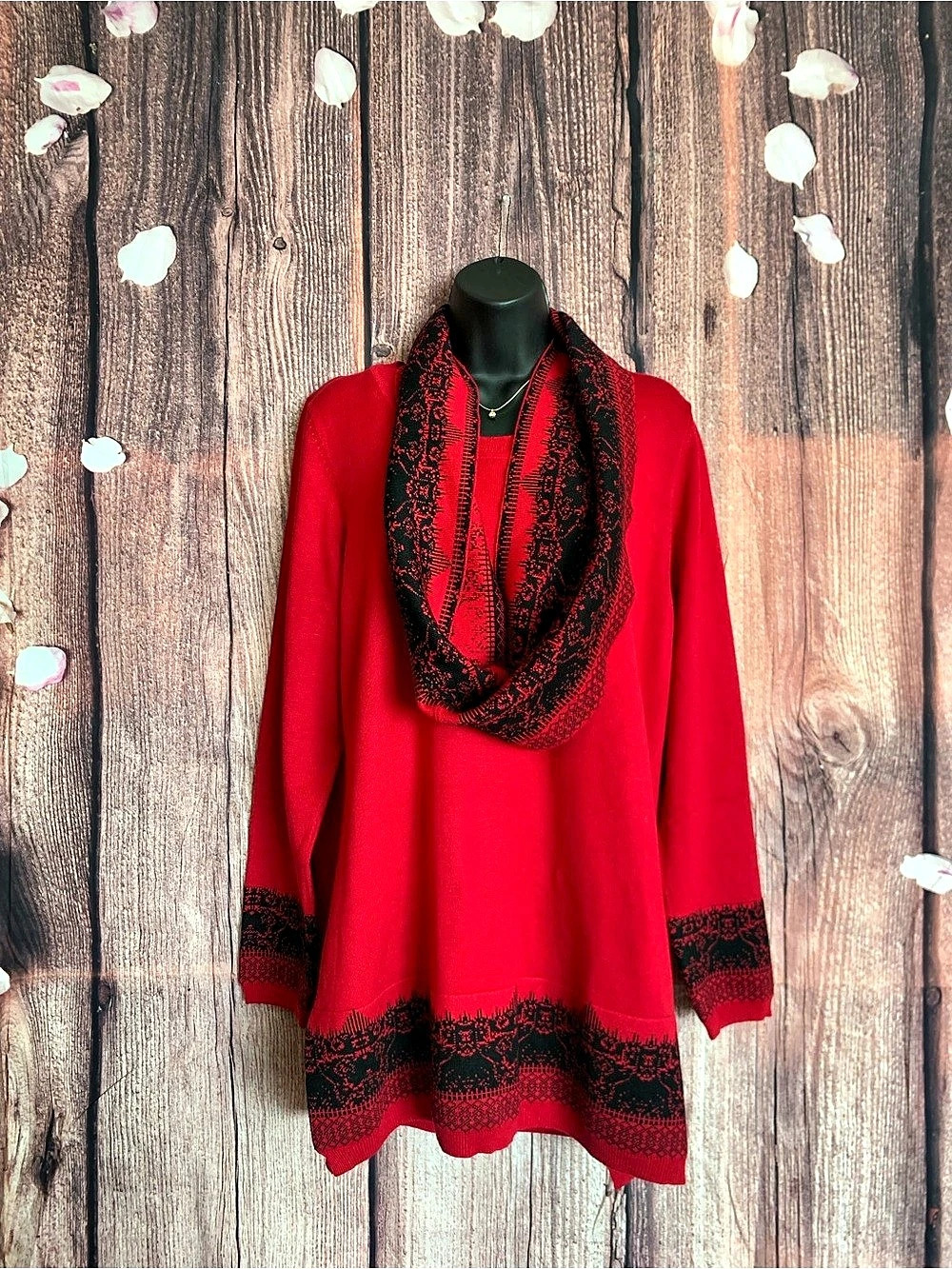 Studio Works Red & Black Lace-Trim Sweater Size XL NWT